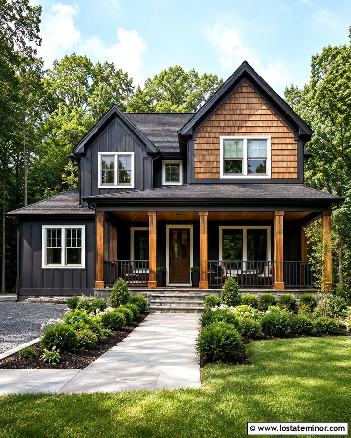 Soft Black House With Cedar Shake Porch Columns - 30 Soft Black House Design With Cedar Shake Ideas