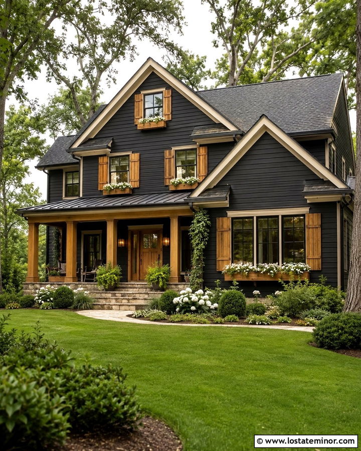 Soft Black House With Cedar Shutters And Window Boxes - 30 Soft Black House Design With Window Boxes Ideas