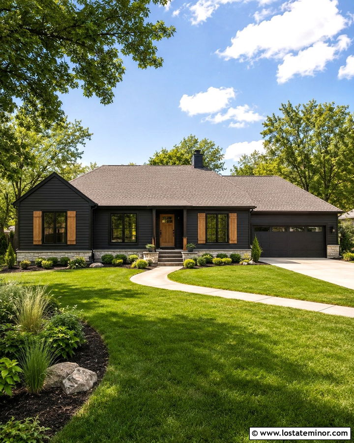 Soft Black House With Cedar Shutters - 30 Soft Black House Design With Accents Ideas