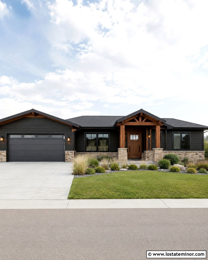 Soft Black House With Charcoal Gray Garage Door - 30 Soft Black House Design With Garage Door Ideas