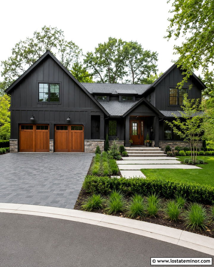Soft Black House With Charcoal Paver Driveway - 30 Soft Black House Design With Driveway Ideas