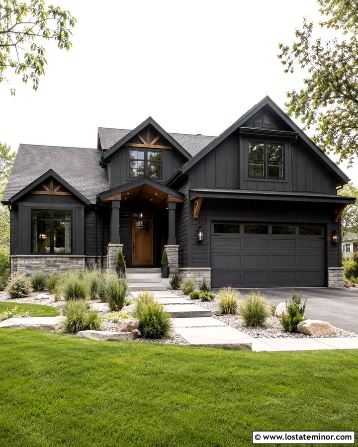 Soft Black House With Charcoal Porch Columns - 30 Soft Black House Design With Porch Columns Ideas