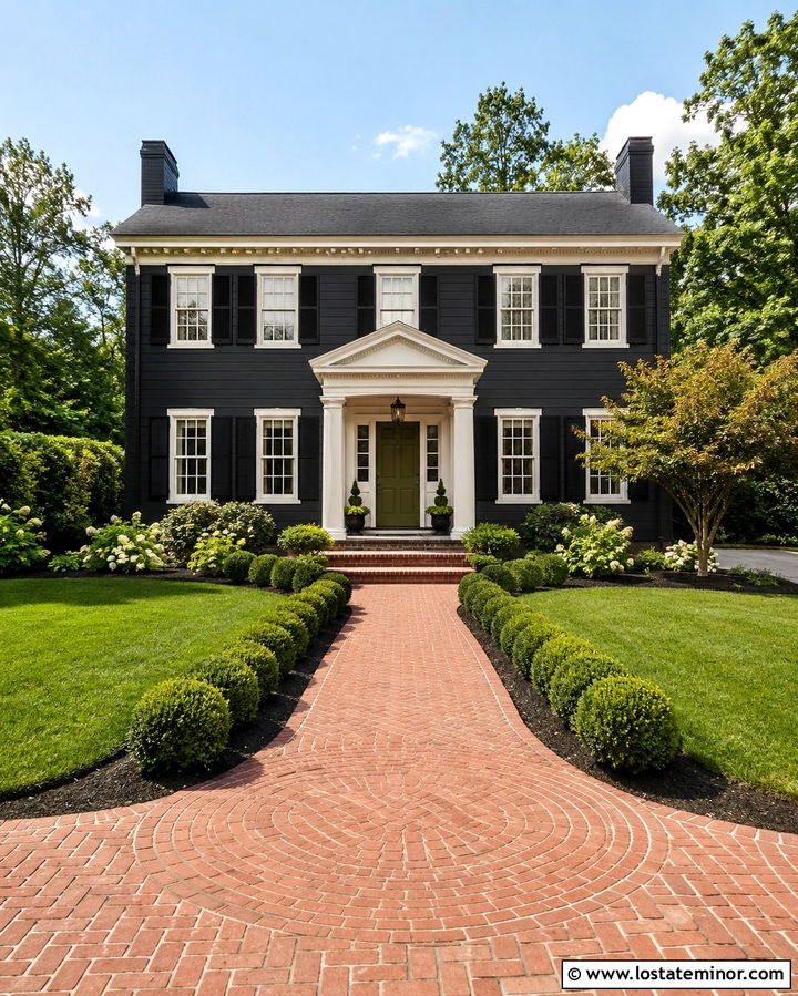 Soft Black House With Circular Entry Walkway - 30 Soft Black House Design With Walkway Ideas