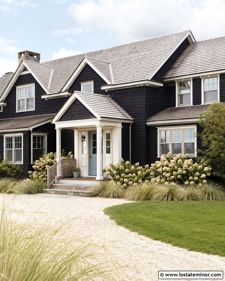 Soft Black House With Coastal Portico - 30 Soft Black House Design With Portico Ideas
