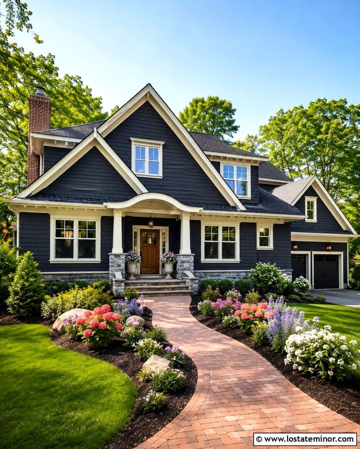 Soft Black House With Colorful Front Yard Flowers - 30 Soft Black House Design With Landscaping Ideas