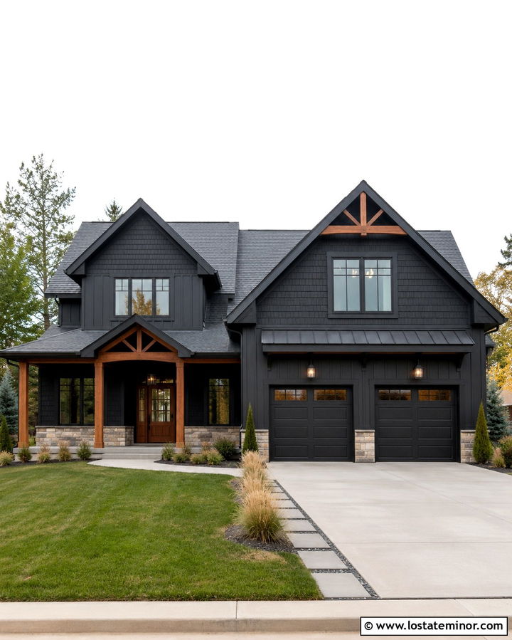 Soft Black House With Columns And Mixed Siding - 30 Soft Black House Design With Porch Columns Ideas