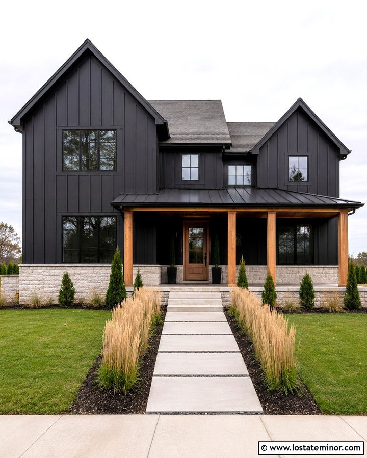 Soft Black House With Columns And Vertical Siding - 30 Soft Black House Design With Porch Columns Ideas