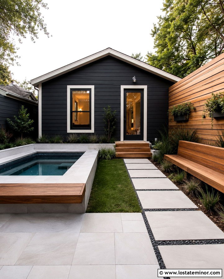 Soft Black House With Compact Plunge Pool - 30 Soft Black House Design With Swimming Pool Ideas