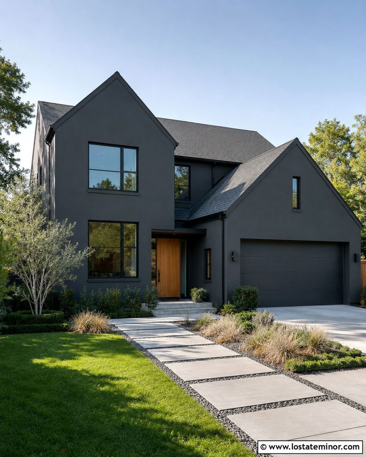Soft Black House With Concrete Paver Walkway - 30 Soft Black House Design With Walkway Ideas