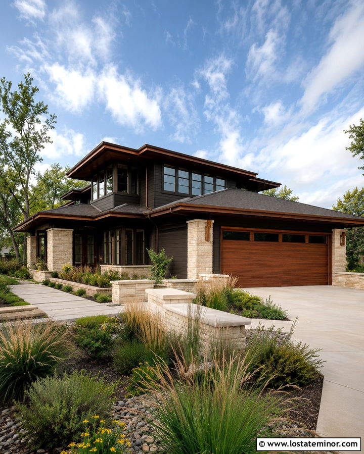 Soft Black House With Copper Brown Garage Door - 30 Soft Black House Design With Garage Door Ideas