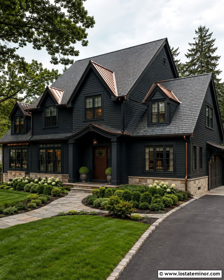 Soft Black House With Copper Dormers - 30 Soft Black House Design With Dormers Ideas