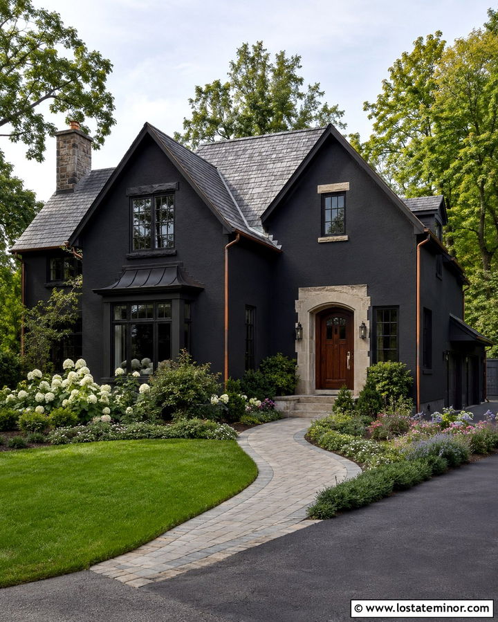 Soft Black House With Copper Gutters - 30 Soft Black House Design With Accents Ideas