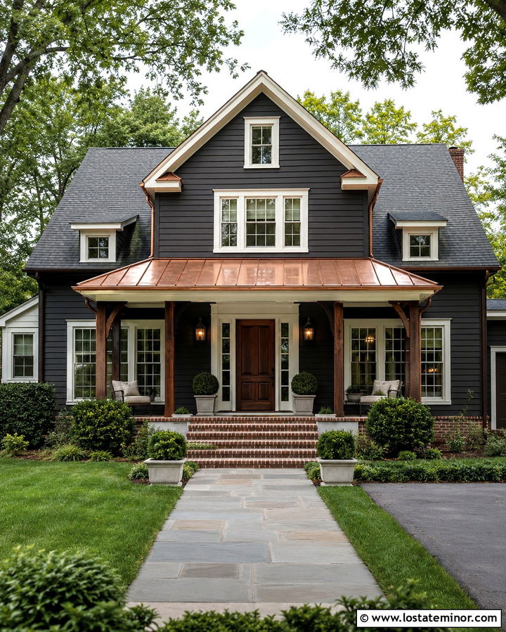 Soft Black House With Copper Porch Roof - 30 Soft Black House Design With Front Porch Ideas