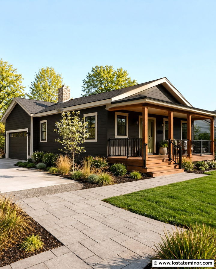 Soft Black House With Corner Porch Steps - 30 Soft Black House Design With Steps Ideas