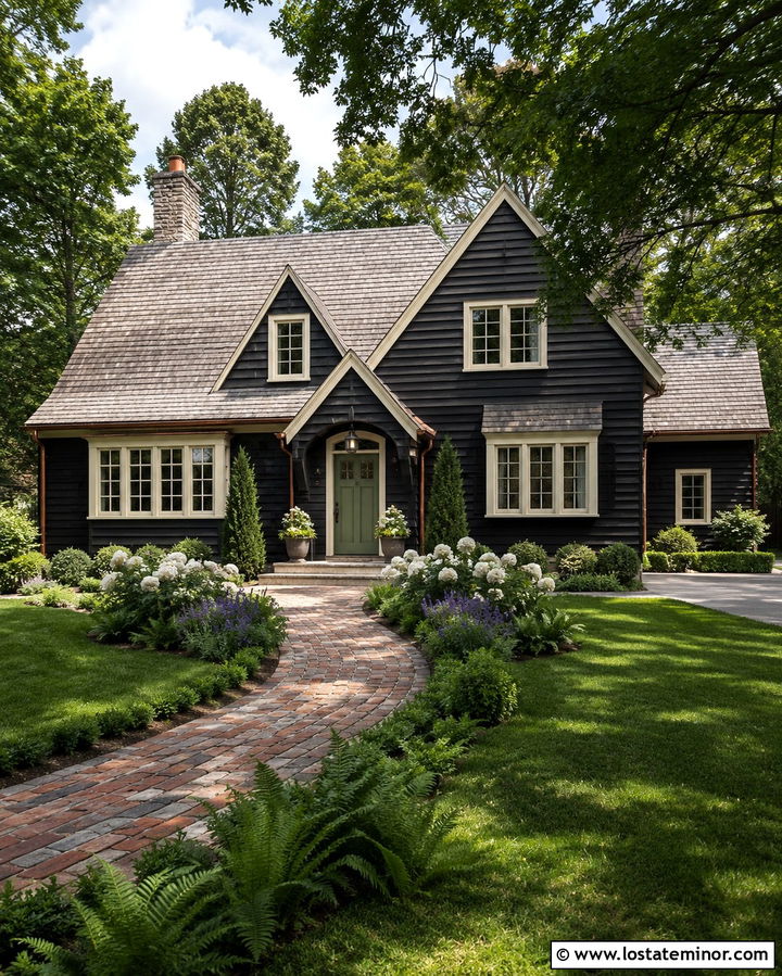 Soft Black House With Cottage Brick Path - 30 Soft Black House Design With Walkway Ideas