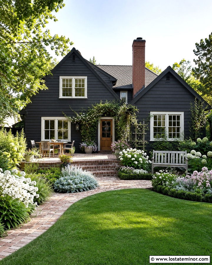 Soft Black House With Cottage Garden - 30 Soft Black House Design With Backyard Ideas