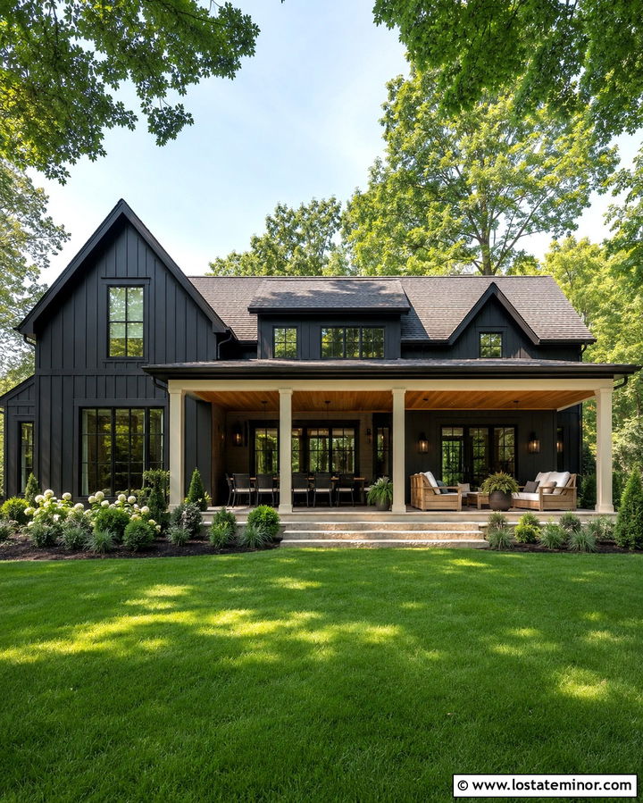 Soft Black House With Covered Back Porch - 30 Soft Black House Design With Backyard Ideas