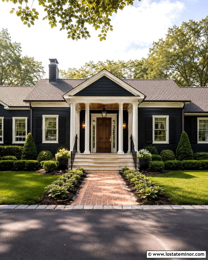 Soft Black House With Covered Portico Steps - 30 Soft Black House Design With Steps Ideas