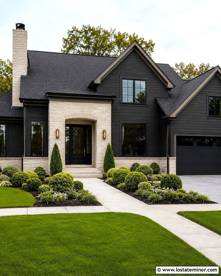 Soft Black House With Cream Brick Accents - 30 Soft Black House Design With Brick Accents Ideas