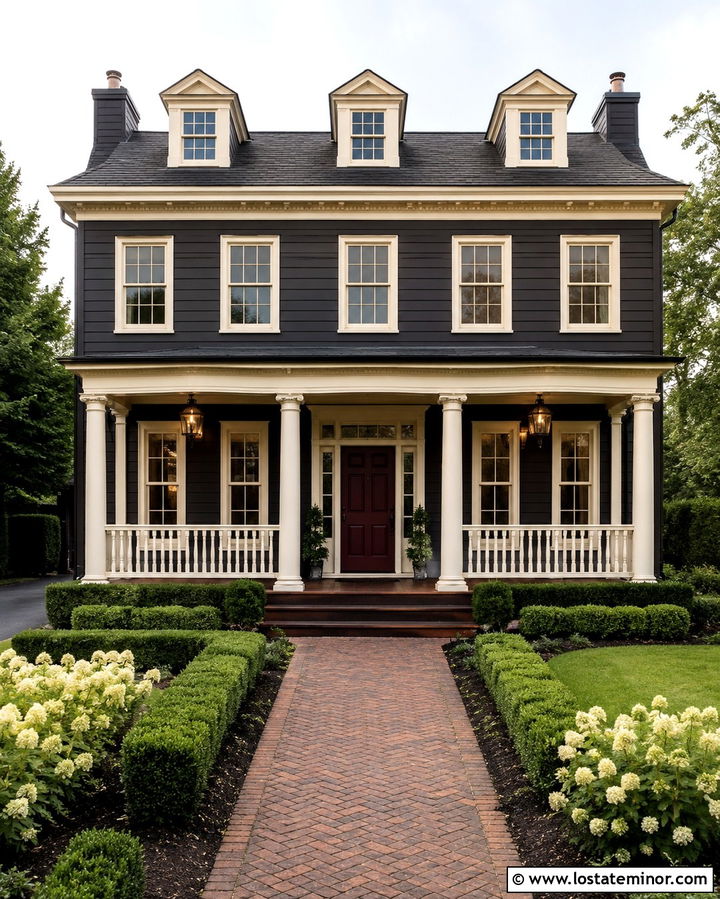 Soft Black House With Cream Columns And Burgundy Door - 30 Soft Black House Design With Porch Columns Ideas