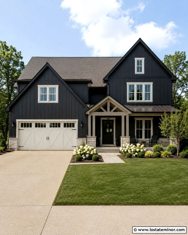 Soft Black House With Cream Garage Door - 30 Soft Black House Design With Garage Door Ideas