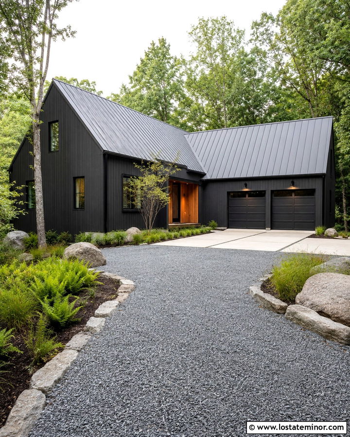 Soft Black House With Crushed Granite Driveway - 30 Soft Black House Design With Driveway Ideas