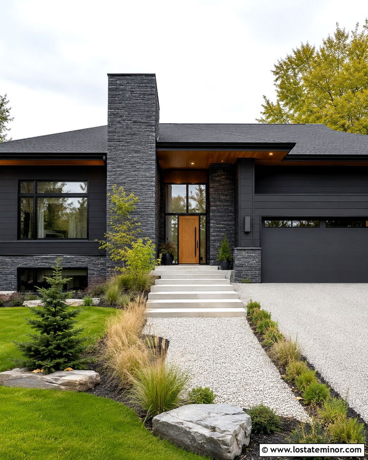 Soft Black House With Dark Stone - 30 Soft Black House Design With Stone Accents Ideas