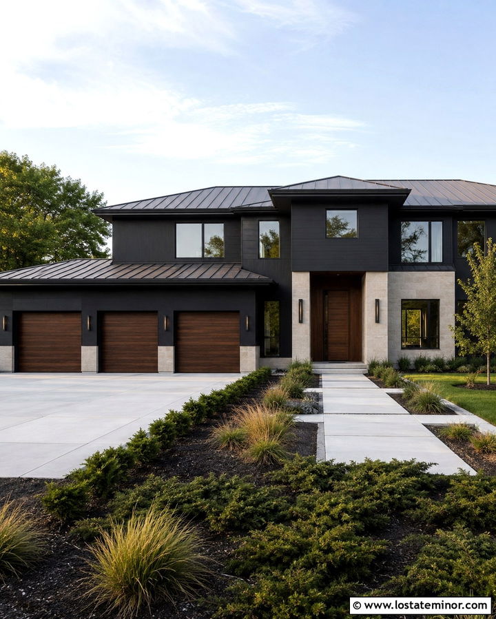 Soft Black House With Dark Walnut Garage Door - 30 Soft Black House Design With Garage Door Ideas