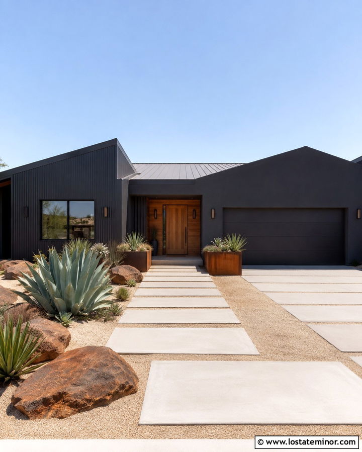 Soft Black House With Desert Driveway Landscaping - 30 Soft Black House Design With Driveway Ideas