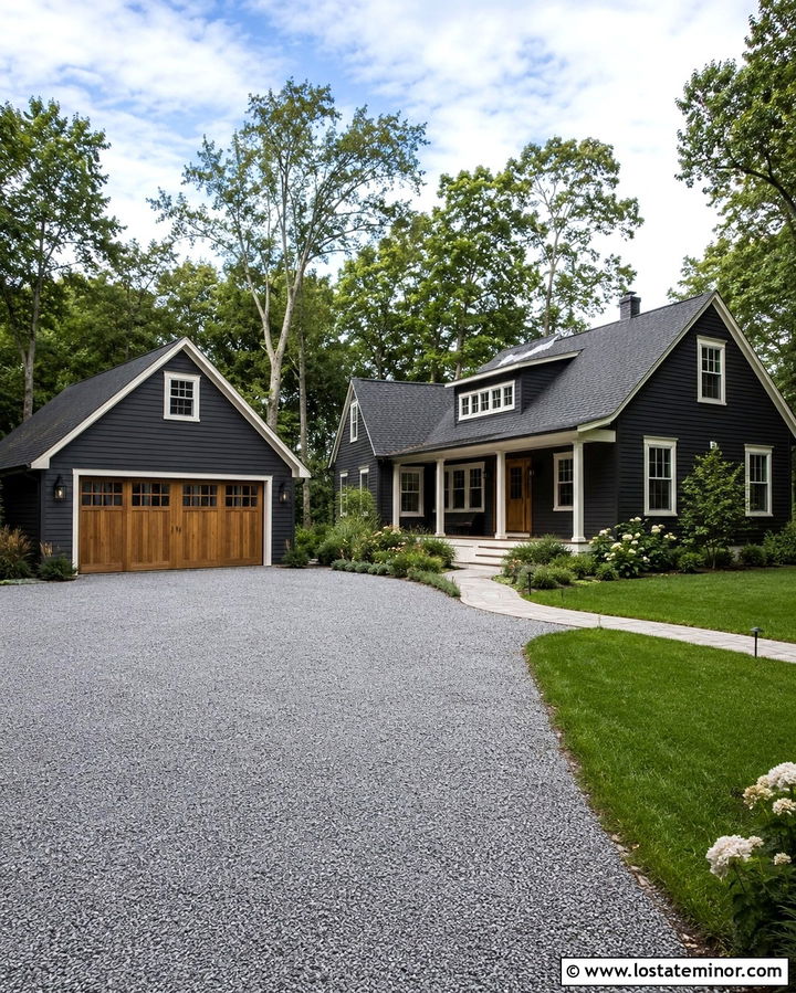 Soft Black House With Detached Garage Driveway - 30 Soft Black House Design With Driveway Ideas