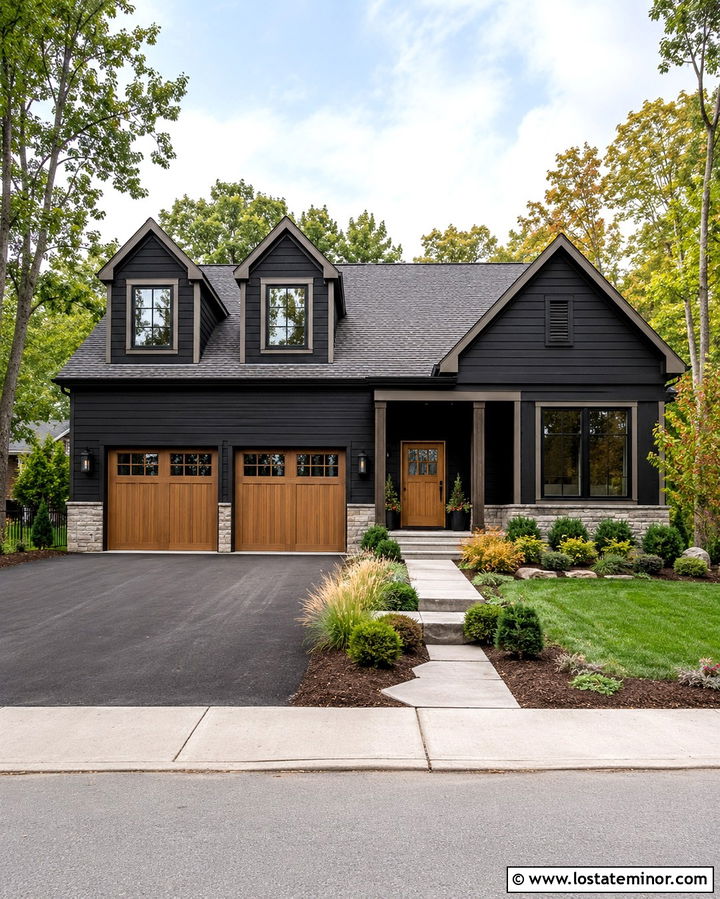 Soft Black House With Dormers Over Garage - 30 Soft Black House Design With Dormers Ideas