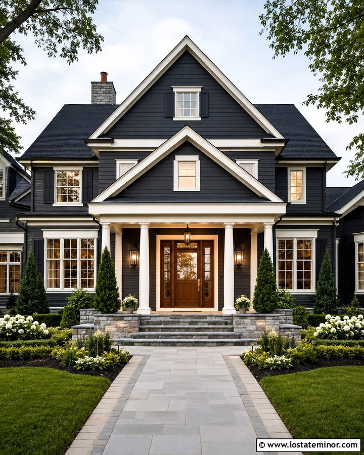 Soft Black House With Double Column Portico - 30 Soft Black House Design With Portico Ideas