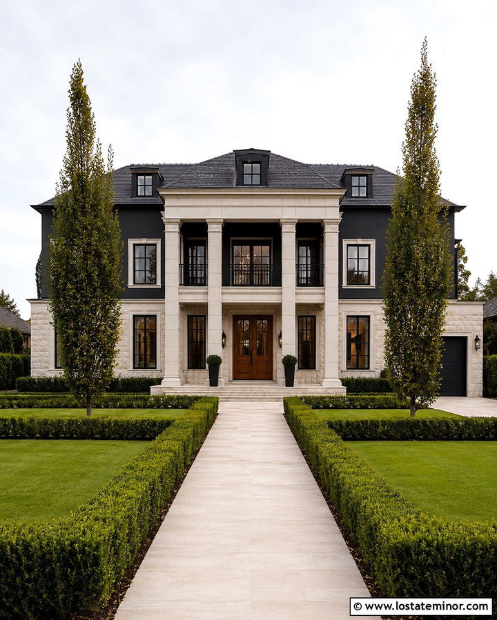 Soft Black House With Double Height Porch Columns - 30 Soft Black House Design With Porch Columns Ideas