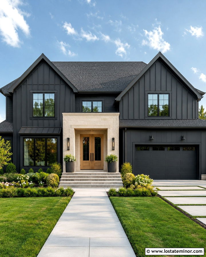 Soft Black House With Double Wood Entry Doors - 30 Soft Black House Design With Entry Door Ideas
