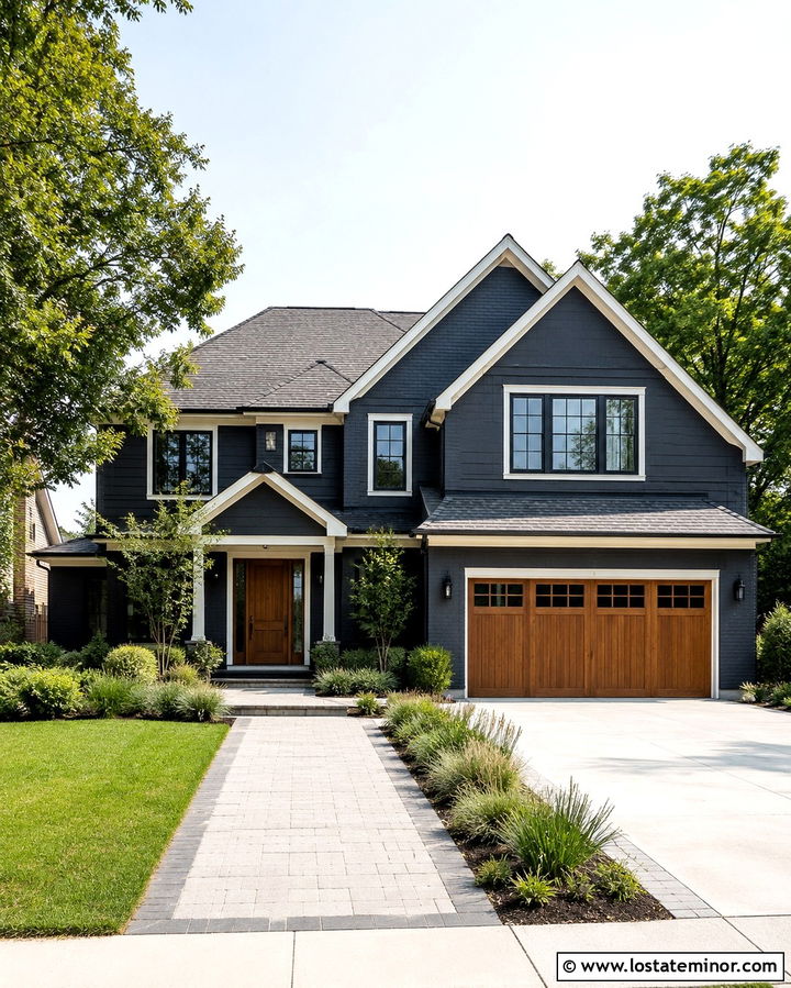 Soft Black House With Driveway Walkway Connection - 30 Soft Black House Design With Walkway Ideas