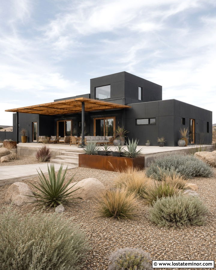 Soft Black House With Drought Tolerant Backyard - 30 Soft Black House Design With Backyard Ideas