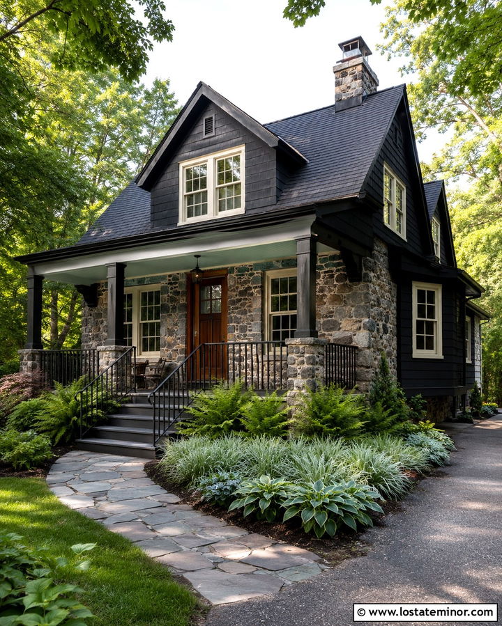 Soft Black House With Eucalyptus Porch Ceiling - 30 Soft Black House Design With Porch Ceiling Ideas