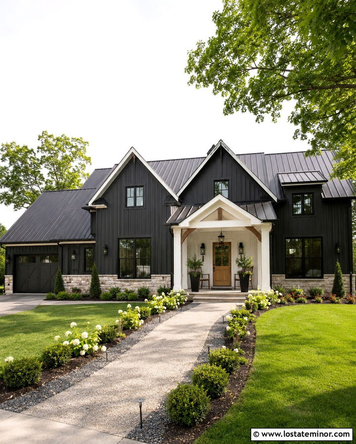 Soft Black House With Farmhouse Portico - 30 Soft Black House Design With Portico Ideas