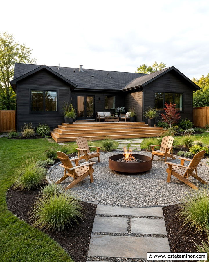 Soft Black House With Fire Pit Patio - 30 Soft Black House Design With Backyard Ideas
