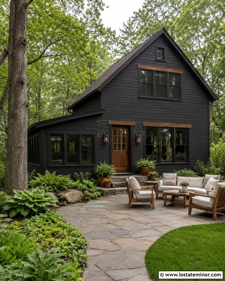Soft Black House With Flagstone Patio - 30 Soft Black House Design With Backyard Ideas