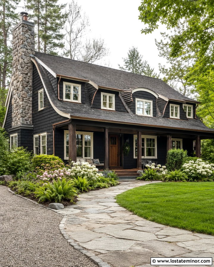 Soft Black House With Flared Dormers - 30 Soft Black House Design With Dormers Ideas