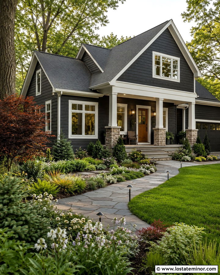 Soft Black House With Four Season Landscaping - 30 Soft Black House Design With Landscaping Ideas