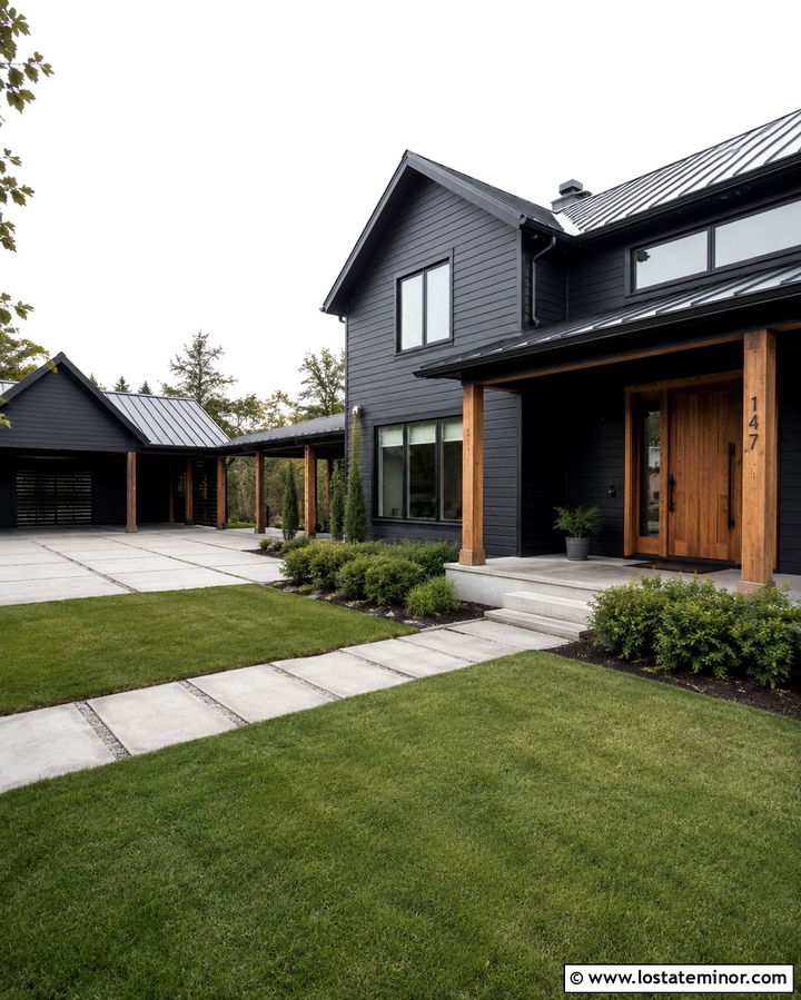 Soft Black House With Freestanding Carport - 30 Soft Black House Design With Carport Ideas