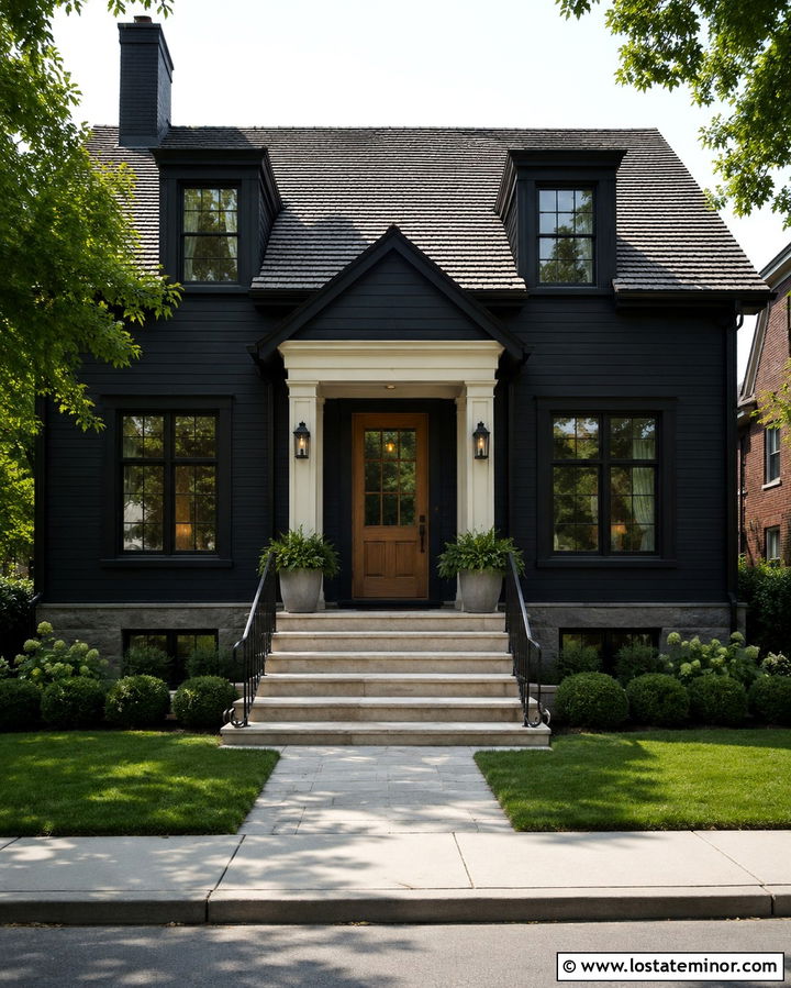 Soft Black House With Front Step Railings - 30 Soft Black House Design With Railings Ideas