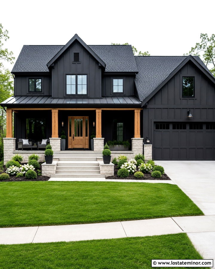 Soft Black House With Full Porch Wainscoting - 30 Soft Black House Design With Wainscoting Ideas