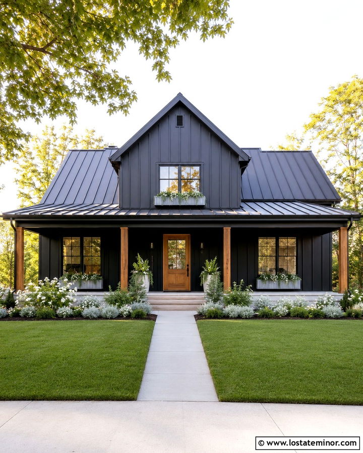 Soft Black House With Galvanized Window Boxes - 30 Soft Black House Design With Window Boxes Ideas