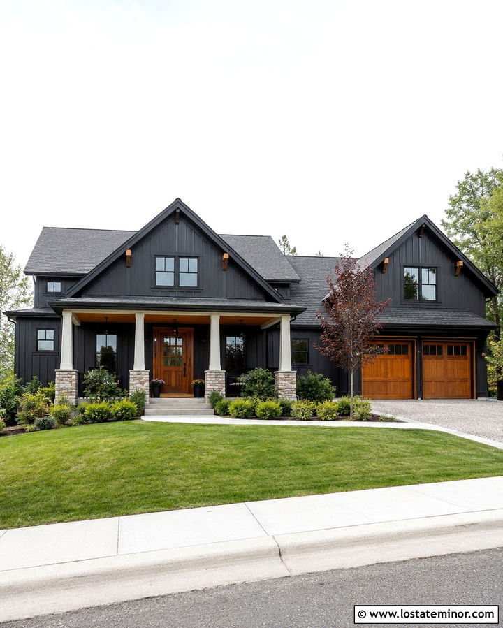 Soft Black House With Garage And Porch Columns - 30 Soft Black House Design With Porch Columns Ideas