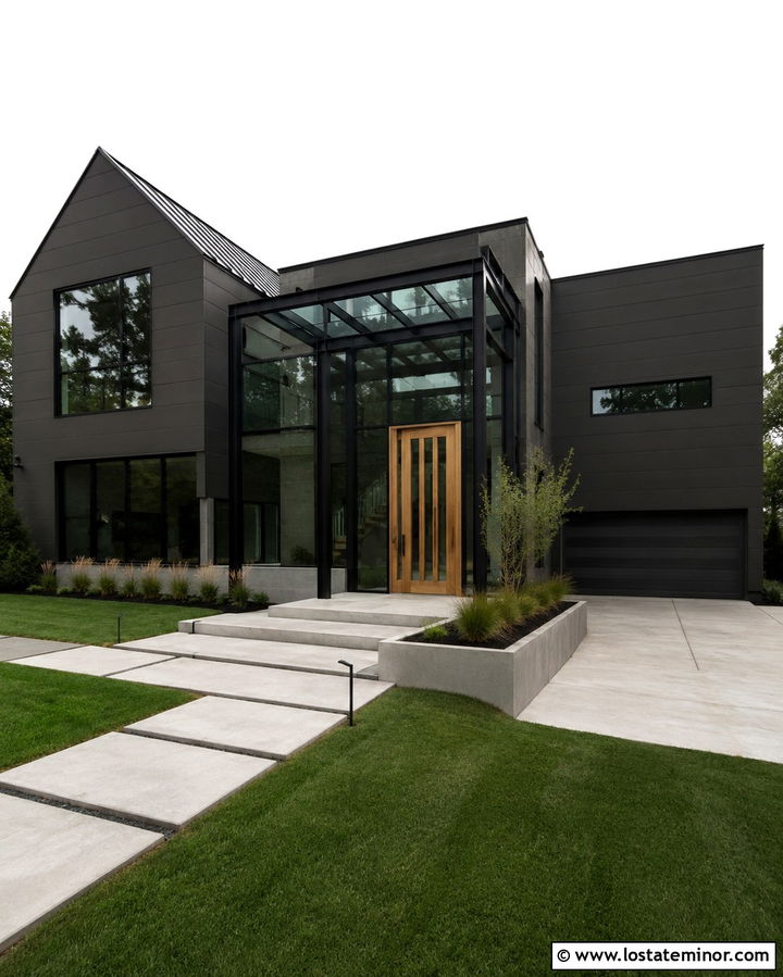 Soft Black House With Glass Entry Portico - 30 Soft Black House Design With Portico Ideas