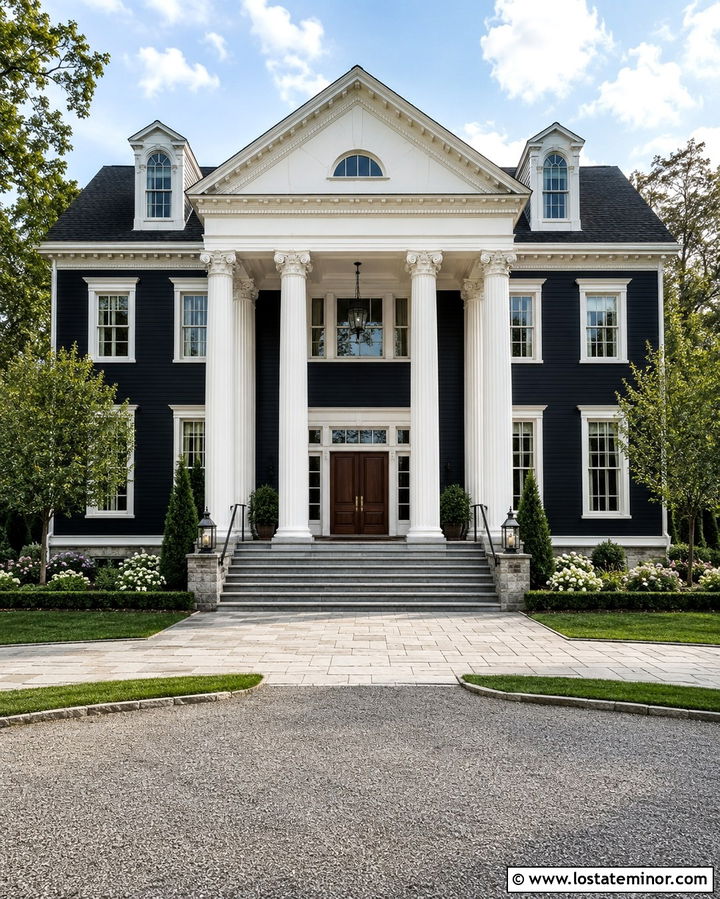 Soft Black House With Grand Portico - 30 Soft Black House Design With Portico Ideas