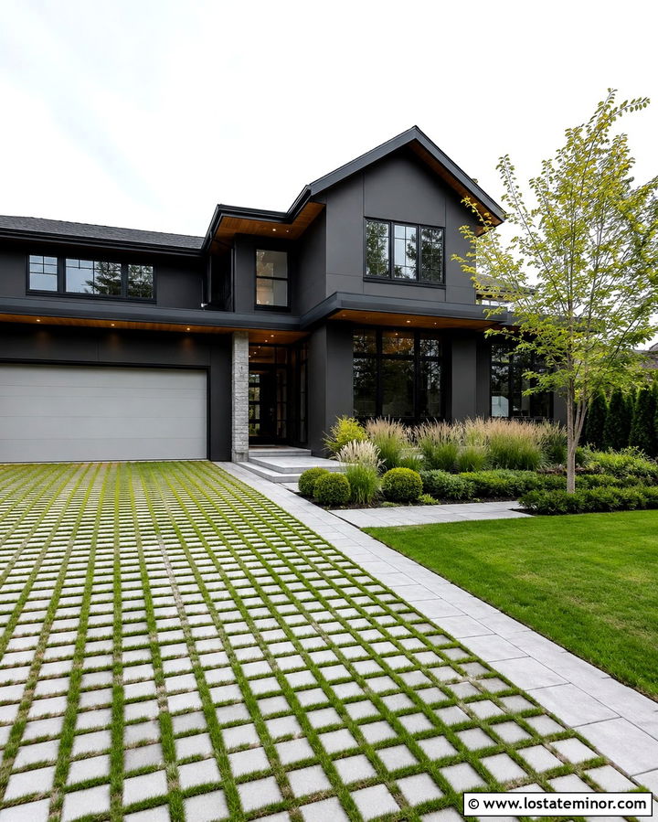 Soft Black House With Grass Grid Driveway - 30 Soft Black House Design With Driveway Ideas